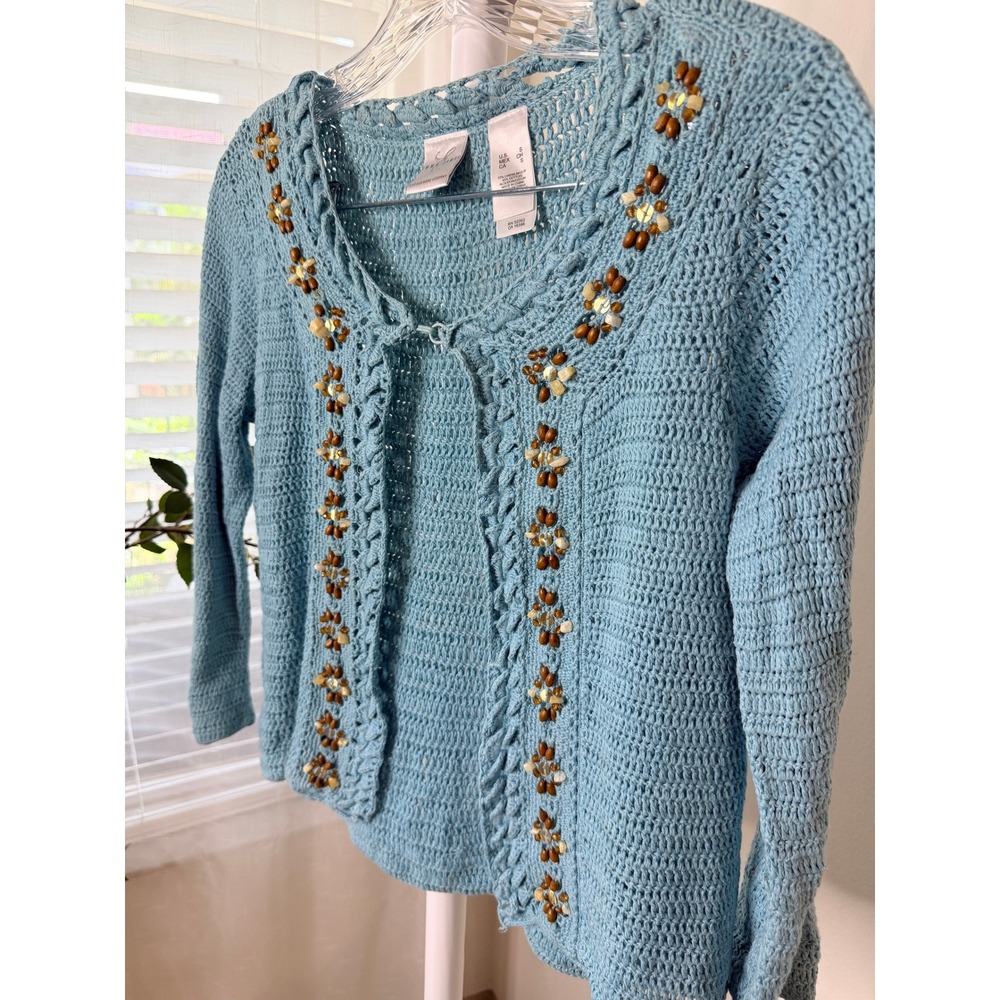 Emma James Liz Claiborne Blue Crochet Beaded Floral Tie Front Cardigan Sweater S - Picture 3 of 6